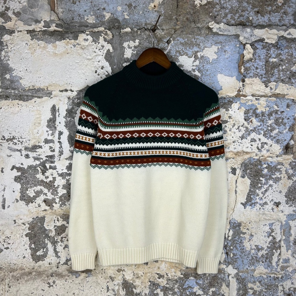 Vintage 80's Kmart Fair Isle Sweater Green Mock Neck Acrylic Pullover Mens M